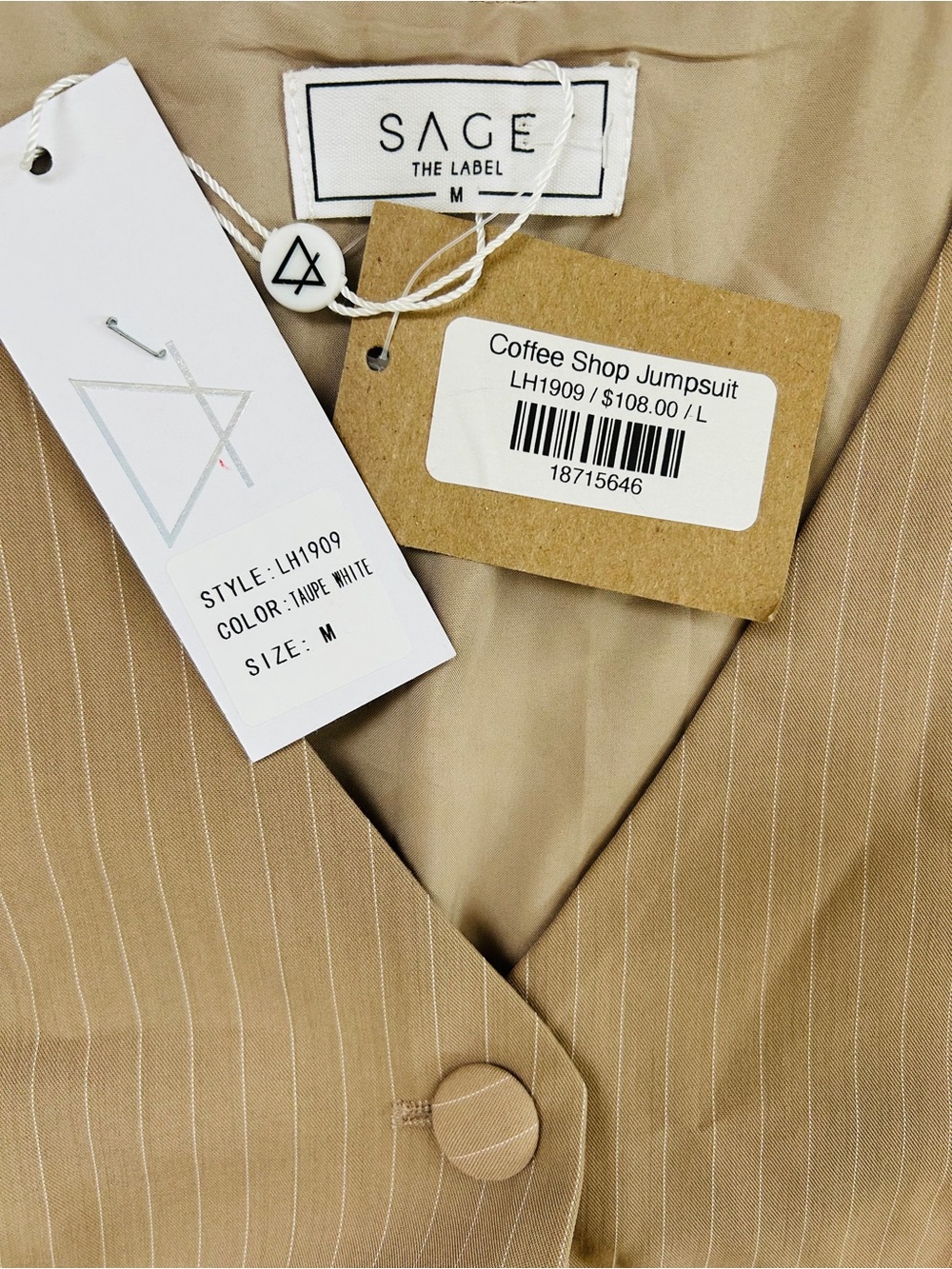 NWT Sage Neutral Tan Sleeveless Button-Front Wide Leg Jumpsuit Set - Picture 10 of 11